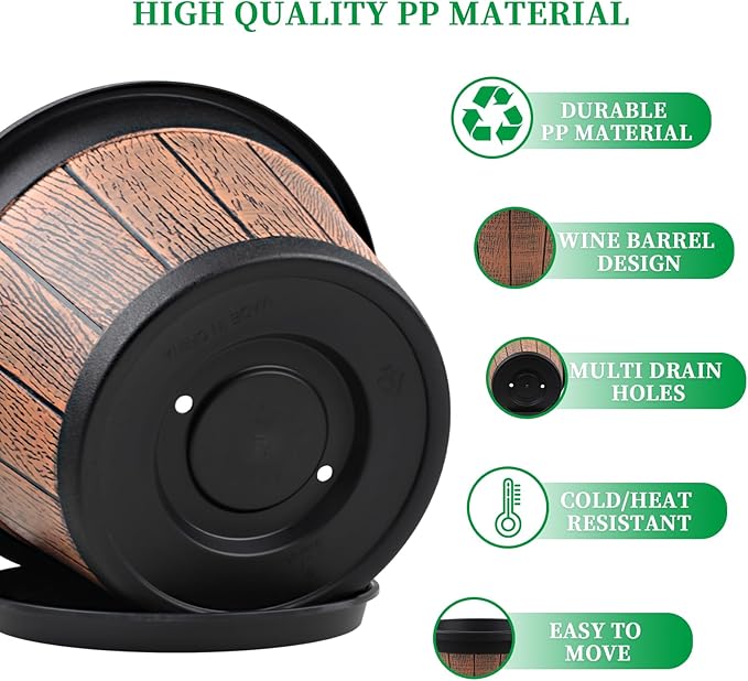 Quarut Large 4 Pack 16 inch Plant Pots,Whiskey Barrel Planters with Drainage Holes & Saucer,Plastic Decoration Flower Pots Retro Design,Planters for Outdoor Indoor Garden Balcony Plants (Brown) Quarut