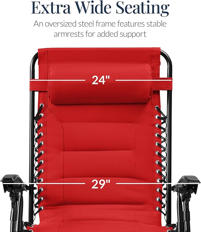 Best Choice Products Oversized Padded Zero Gravity Chair, Folding Outdoor Patio Recliner, XL Anti Gravity Lounger for Backyard w/Headrest, Cup Holder, Side Tray, Polyester Mesh - Crimson Red BestChoiceProducts