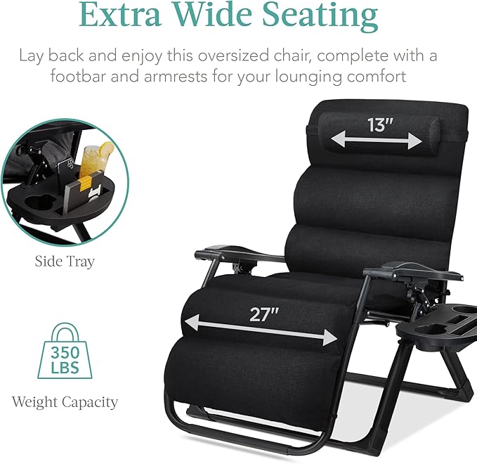 Best Choice Products Oversized Zero Gravity Chair, Folding Outdoor Patio Recliner, XL Anti Gravity Lounger w/Removable Cushion, Cup Holder, Side Tray, 350lb Capacity - Onyx Black BestChoiceProducts