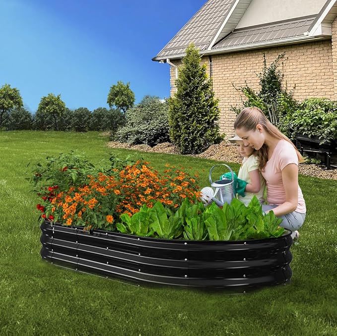 Raised Garden Bed, 6x3x1ft Galvanized Outdoor Planter Beds with Safety Edging and Gloves, Oval Metal Planter Box for Gardening Vegetables Flowers Herb-Black Patiobay