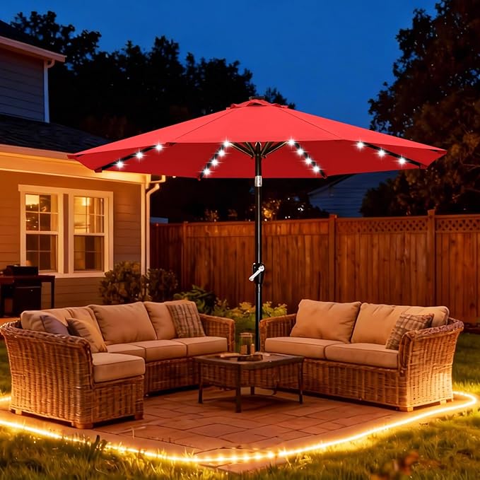 ABCCANOPY Durable Solar Led Patio Umbrellas with 32LED Lights 11FT（Red） ABCCANOPY