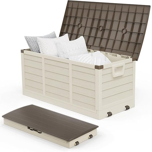 VINGLI 75 Gallon Collapsible Outdoor Storage Box, Simple-to-assemble Plastic Storage Containers with Lid, Patio Deck Box Furniture for Garden, Pool, Balcony, Yard (Coffee) VINGLI
