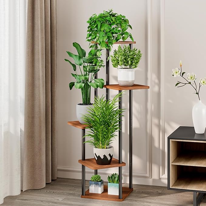AZERPIAN Plant Stand 5 Tier Indoor Metal Flower Shelf for Multiple Plants Corner Tall Flower Holders for Patio Garden Living Room Balcony Bedroom, Walnut (5 Tier-Walnut) AZERPIAN