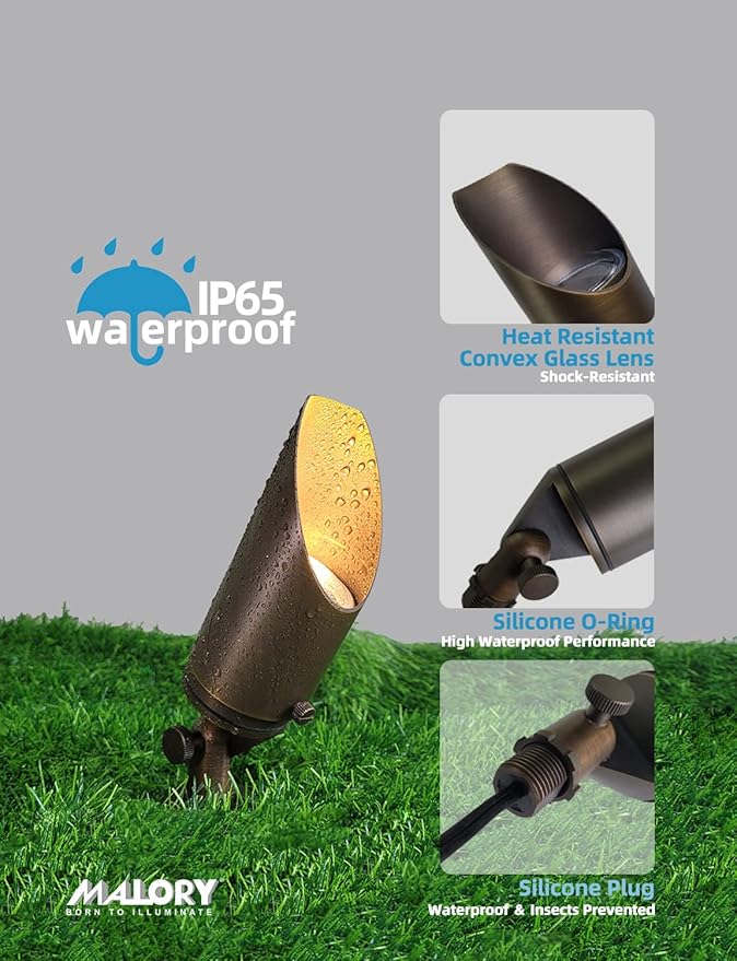 MALORY Brass Landscape Spotlight 1-Pack with 5W LED MR16 Bulb Kit(S03), 12V AC/DC Low Voltage Outdoor Landscape Lighting Shroud Adjustable,Ground Stake and Wire Connector Included,2700K Warm White MALORY