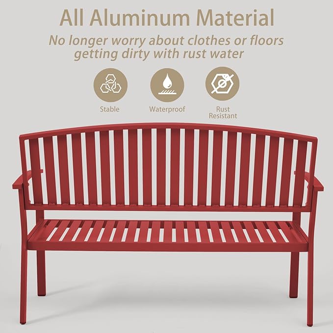 Outdoor Bench Weatherproof Aluminum Patio Garden Bench, Patio Loveseat for Porch Garden Lawn Backyard Park Balcony(Rose Red, 1PC) Eongdn
