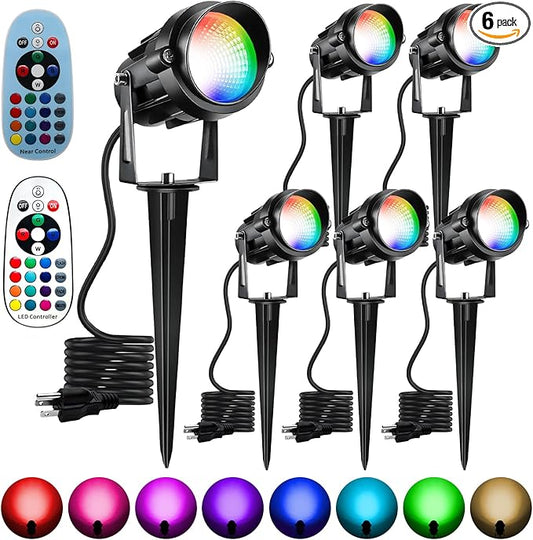 Halloween Christmas Spotlight Outdoor Color Changing Landscape Spotlights,12W RGBW LED Outdoor Spot Lights for Yard Garden Decor,Waterproof 110V Plug in Landscape Lighting with Remote,6 Packs Qeeanmo