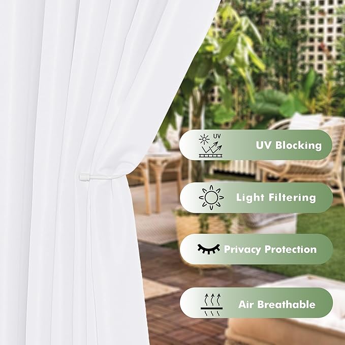 HolidayIdeas Waterproof Outdoor Curtains for Patio, 6 Panels - 54x108 Inches - Weatherproof Privacy Outsides Curtains for Backyard Porch Gazebo, Sunlight & UV Blocking (White, Grommet Top) HolidayIdeas