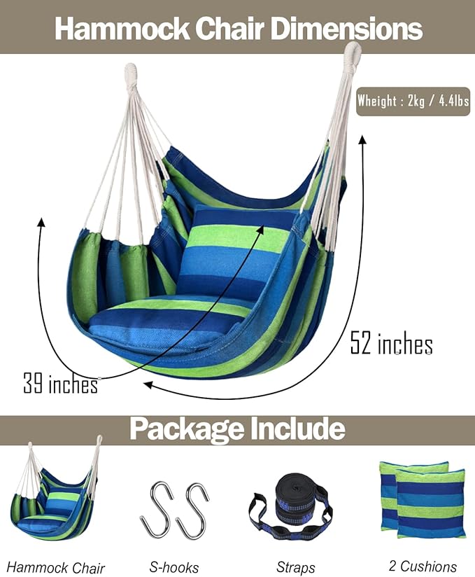 Halalona Hammock Chair Hanging Hammock Chair Rope Swing 2 Cushions Included-Sturdy & Durable Soft Cotton Hand Woven Hammock Swing for Bedroom, Porch, Patio-Indoor/Outdoor Halalona