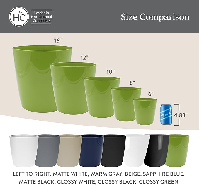 The HC Companies Aria Round Self-Watering Pot - Lightweight Plastic Planter for Herbs & More - Durable Plant Pots for Indoor Plants & Outdoor Plants (12" Glossy Avocado, Pack of 2) TheHCCompanies