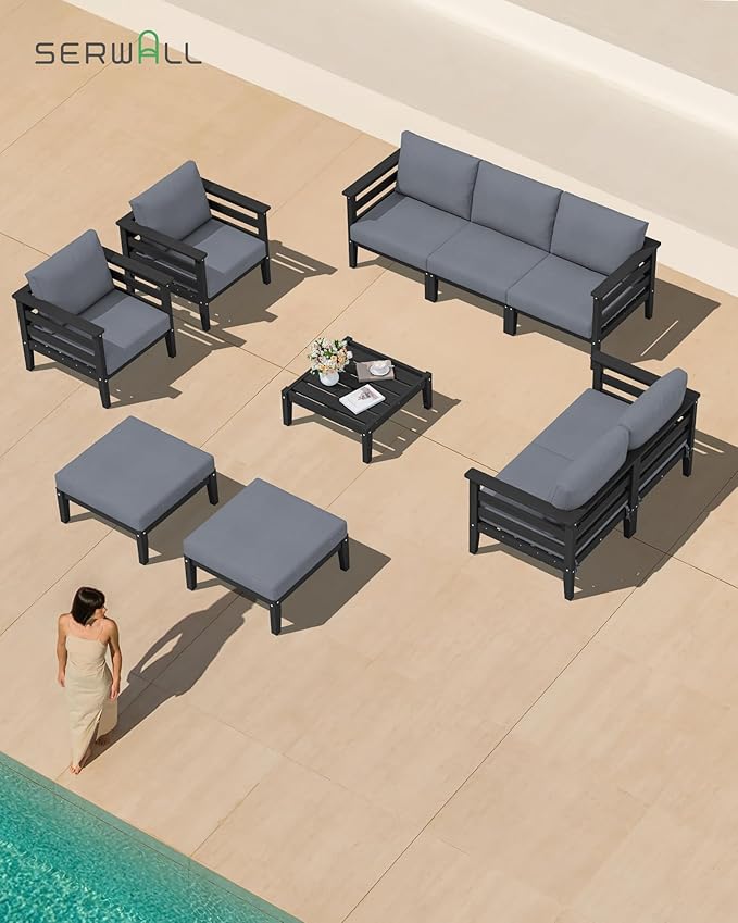 SERWALL HDPE Patio Furniture Set, 10 Pieces Outdoor Sectional Sofa Set, All-Weather Wood-Like Outdoor Sofa Couch with Coffee Table for Deck, Lawn, Black Frame with Grey Cushion SERWALL