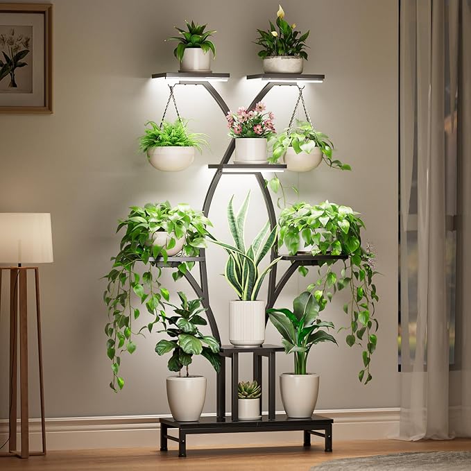 Plant Stand Indoor with Grow Lights - 7 Tiered Metal Corner Shelf for Multiple Plants, 63" Corner Plant Stand for Indoor Plants, X-Shaped Plant Rack for Home, Living Room, Office & Patio Decor Rootora