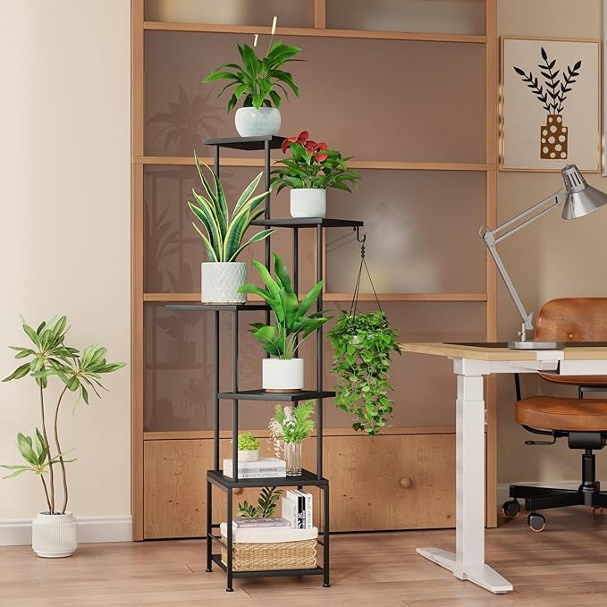Plant Stand Indoor with Grow Light, 6-Tiered Tall Plant Stand Indoor, Metal Plant Shelf with Hanging Basket Hook and Adjustable Light, Ideal for Living Room, Garden, Patio, Black Homsorout