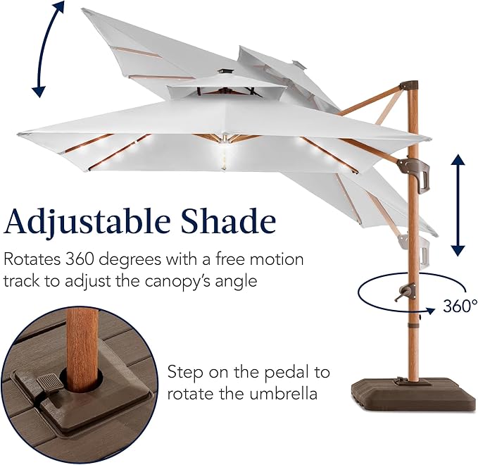 Best Choice Products 10ft Square Cantilever Patio Umbrella w/Base Included, Woodgrain Pattern Pole & Solar LED Lights, 360-Rotation, Offset Hanging Outdoor Shade - Fog Gray BestChoiceProducts
