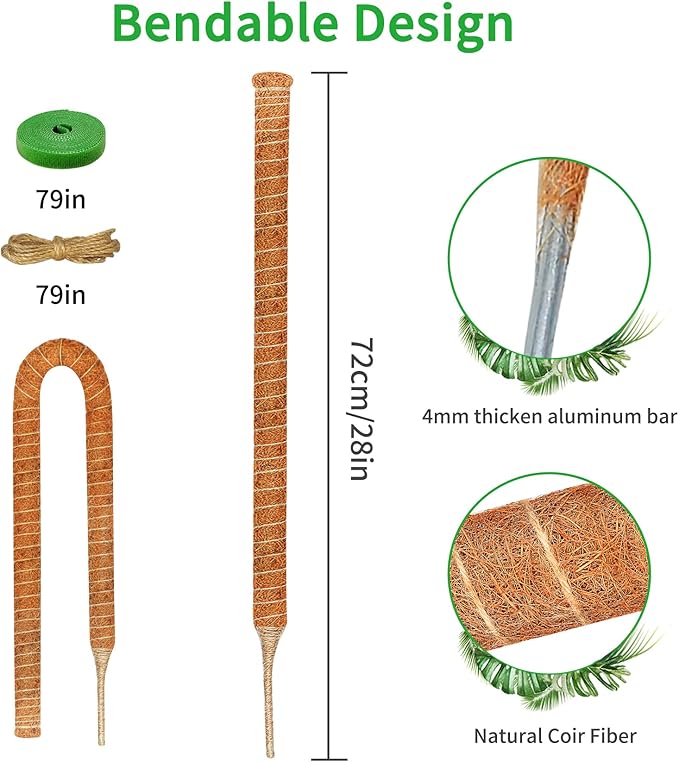 2 Pack 28 Inch Moss Pole Monstera Plant Support, Coir Moss Poles for Climbing Indoor Plants, Bendable Plant Stake Trellis for Potted Plant, Pothos, Philodendron Rootora