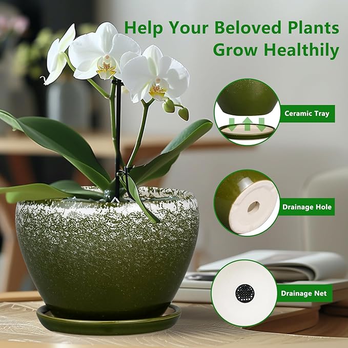 10 Inch Planter Pot - Ceramic Pots for Plants with Drainage Hole and Saucer, Round Large Flower Pot for Indoor Plants, Dark Green Ceramicfor