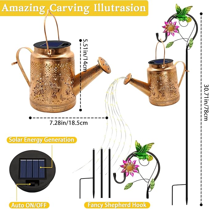 2 Pack Solar Lanterns Outdoor Waterproof,Hummingbird Watering Can Garden Decor,Hanging Solar Path Lights Yard Art,Outside Patio Decorations Gardening Christmas Gifts for Mom Grandma Women (with Hook) YJFWAL