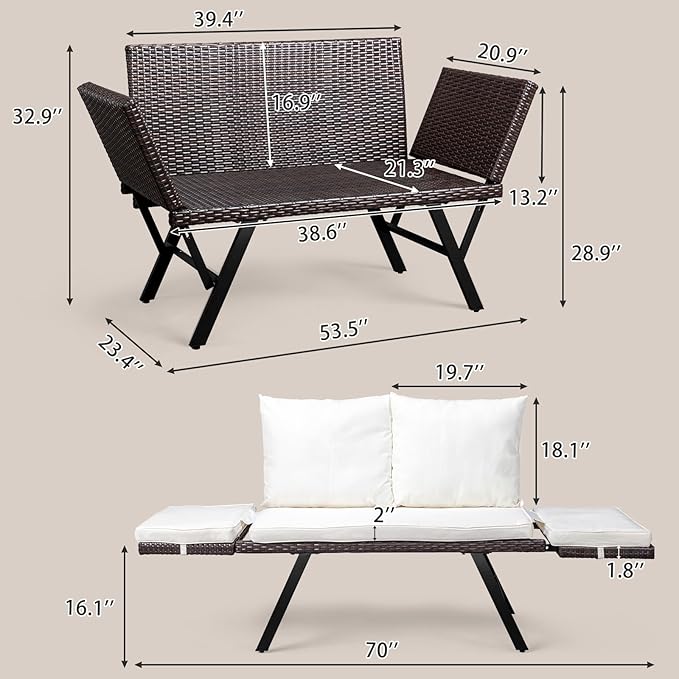 VINGLI Outdoor Loveseat, Woven Rattan Outdoor Sofa with Adjustable Armrests, Patio Loveseat with Removable Cushions and Pillows, Convertible Patio Couch for Yard Pool Balcony VINGLI