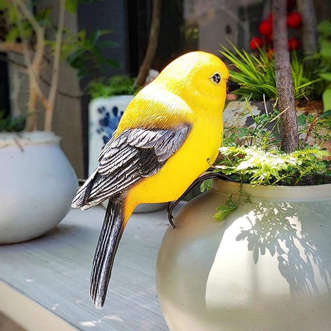 Garden Bird Statue Flower Pot Hugger Outdoor Decor for Tree, 6.7" Tall Resin Bird Figurine Plant Pot Decorations for Fence Balcony Patio Lawn Yard Ornaments (Yellow) JARPSIRY