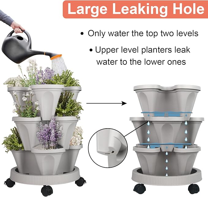 DUNCHATY Stackable Planter, Vertical Garden Planter with Wheels and Tools, Self Watering Strawberry Planter Indoor/Outdoor 3 Tier Herb Planter Pots for Growing Vegetables and Succulents,Gray DUNCHATY
