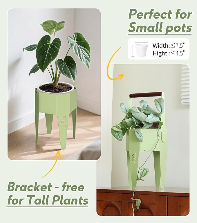 Planter with Stand, Metal 2 in 1 Portable Planter with Grow Bags & Handle, Stable Stylish Indoor Plant Pots with Stand, Modern Flower Pots Outdoor, 7.5'' x 17.3'', Green, Plant Not Included SculptingLightGarden