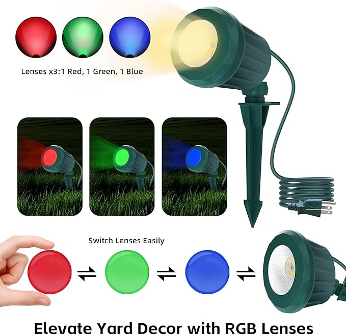 Spotlight Outdoor – 120V Plug-in, 2700K Warm White LED Landscape Spot Lights with RGB 3 Lenses for Yard, Garden, Lawn&Tree Decor, IP67 Waterproof, Perfect for Holidays&Everyday (1 Pack, Green) Holeva