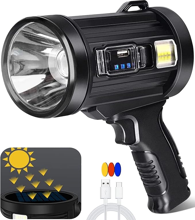 Spotlight 100000 Lumens, 6 Modes Led Rechargeable Spotlight Flashlight As Seen on TV with Tripod, Color Filters, Super Bright Solar Spot Lights Outdoor Handheld for Hunting, Boating, Camping JSKNB