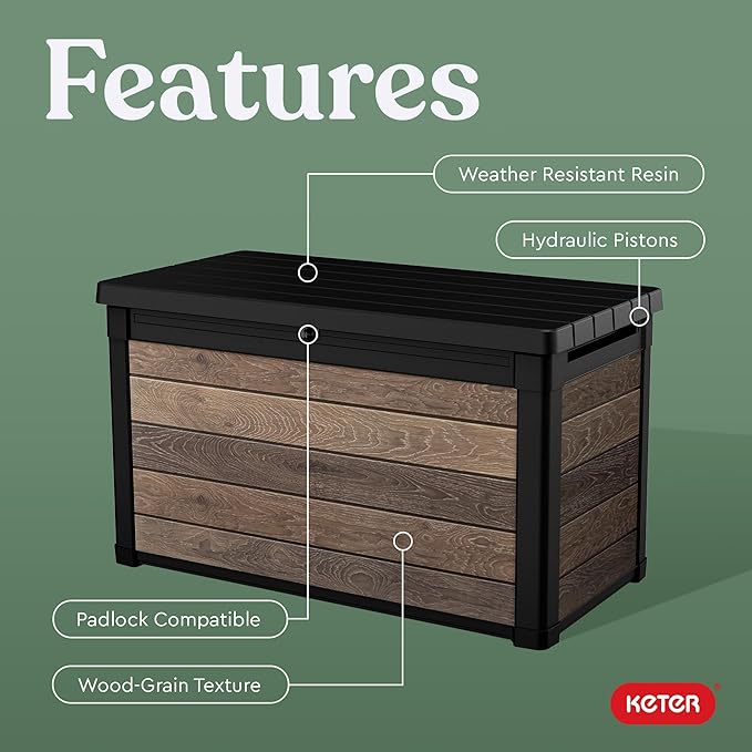 Keter Walnut 100 Gallon Resin Deck Box-Organization and Storage for Patio Furniture Outdoor Cushions, Throw Pillows, Garden Tools and Pool Toys Keter