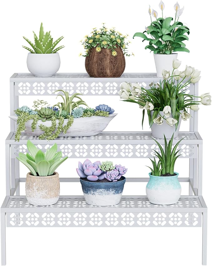Garden 4 you 3 Tiers Metal Plant Stand,Rectangular Ladder Flower Pots Outdoor Plant Rack, Indoor Plant Display Rack, Heavy Duty Utility Storage Organizer for Home Garden Patio Balcony, Stair Style(White) Garden4you