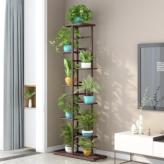 LINZINAR Plant Stand Indoor Outdoor Metal 8 Tier 9 Potted Multiple Flower Pot Holder Shelf Planter Display Shelving Unit for Patio Garden Corner Balcony Living Room LINZINAR