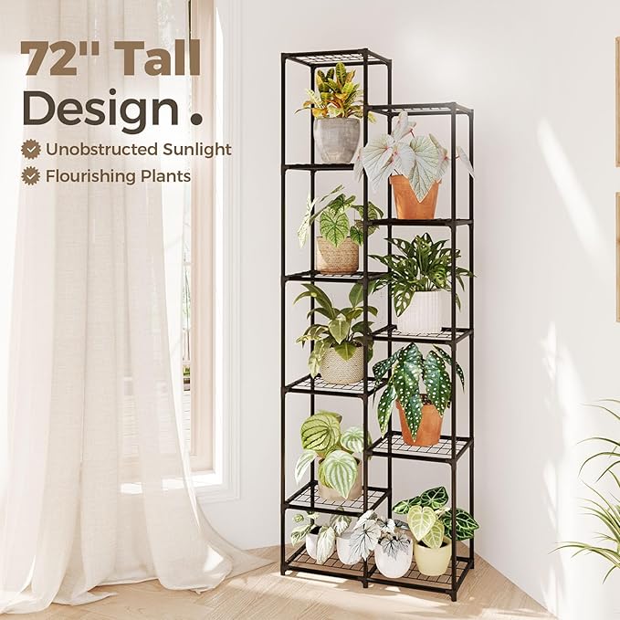 Bamworld Plant Stand Indoor Outdoor 11 Tire Tall Large Metal Plant Shelf Multi Tier Flower Stands Garden Shelves Wooden Plant Display Holder Rack for Living Room Corner Bamworld