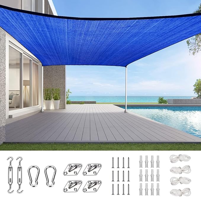 Quictent 12x16ft Rectangular Sun Shade Sail 185G HDPE Canopy 98% UV Block Outdoor Patio Garden Commercial Deck with Hardware Kit Blue QUICTENT