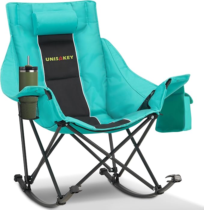 Oversized Rocking Camping Chair with Headrest & Cup Holder - 400lbs Capacity, 600D Oxford Fabric, Easy Fold Portable Outdoor Rocker Chair for Camping, Backyard, Beach, Blackgreen Rootora