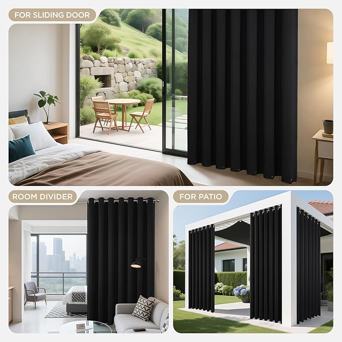 Joydeco Blackout Patio Sliding Door Curtains 96 Inches Long, Grommet Privacy Room Divider Curtains, Extra Wide Thermal Blackout Drapes for Bedroom Living Room (Black, 70Wx96L, 1 Panel) JOYDECO