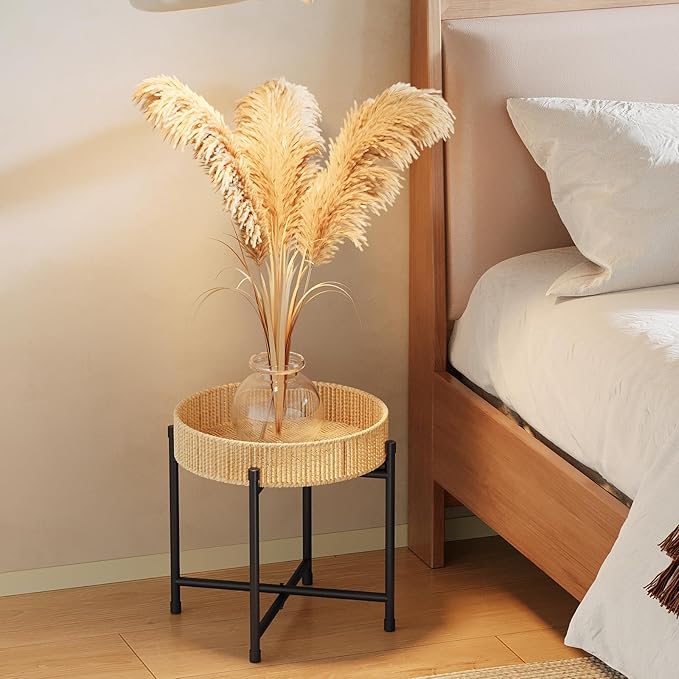 Bamworld Rattan Plant Stand Indoor Boho Plant Table for Large Plants Single Plant Stool Plant Holder for Living Room Bedroom Bamworld