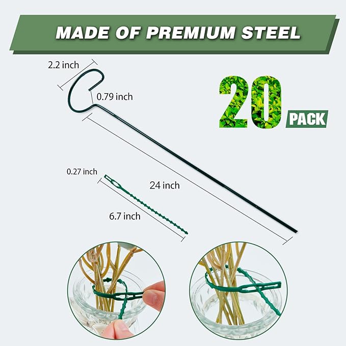 Joyhalo 20 Pack Plant Support Stakes 24 Inch, Plant Stakes, Flower Stakes with 24 Twist Ties, Garden Sticks for Plants Iris, Dahlia, Gladiolus, Amaryllis, Rose, Sunflower, Tomato, Sapling Etc Joyhalo