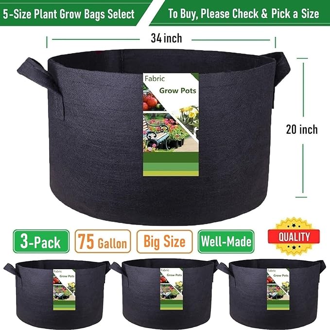 3-Pack 75 Gallon Thickened Plant Grow Bags Large (34x20 in) Heavy Duty Garden Bag Fabric Plant Pots for Tomato,Potato Planter,Herbs Veggies Planting,Flower Pots,Barrel Planter,Leaf Bag,Yard Waste Bags TespherCreationsforYardWorkLawnsCareandGardeningJobsOutdoorActivitiesRVCampingTrips