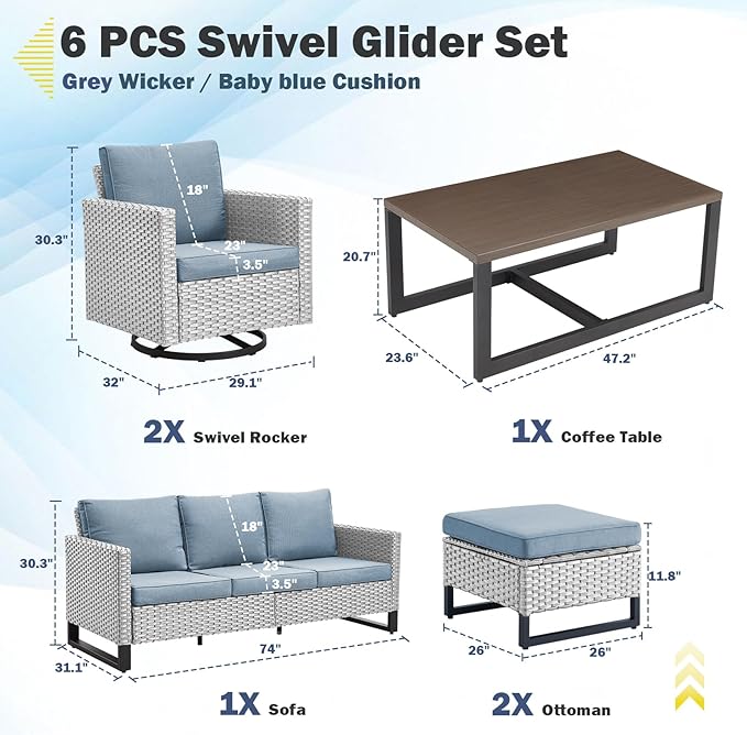 Belord 6 Piece Outdoor Furniture Patio Wicker Sofa Set, Oversize Outdoor Swivel Rocker Chairs with Rattan Ottomans, Conversation Sets Patio Furniture Come with Removable Cushion Baby Blue, Light Grey Belord
