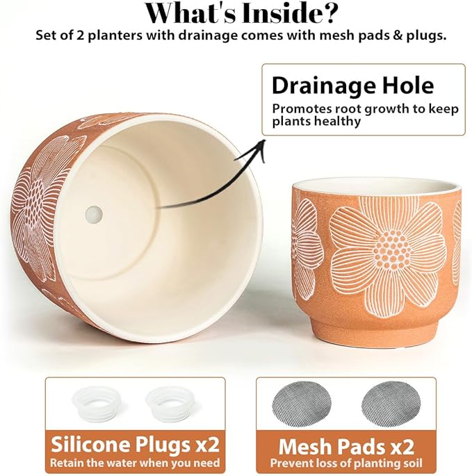 YBX 8 Inch + 6 Inch White Flower Pattern Plant Pots, Sand Glazed Ceramic Planter with Drainage Hole, Flower Pots for Indoor Plants, Orange YBXYIBOXUAN