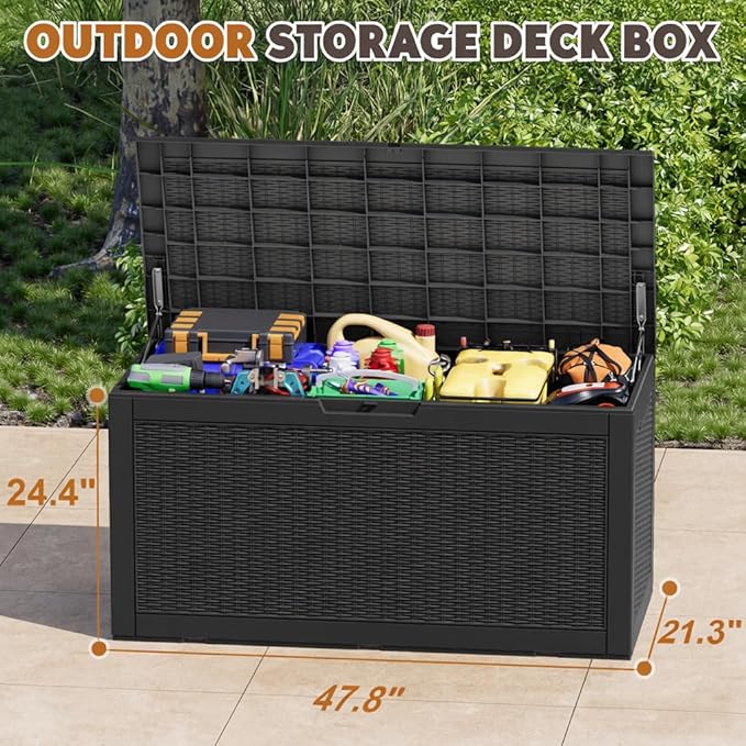Outdoor Storage Box, Resin Deck Boxes Indoor and outdoor, Waterproof Storage Box Lockable Lid (Black, 101 Gallon) NBYSGO