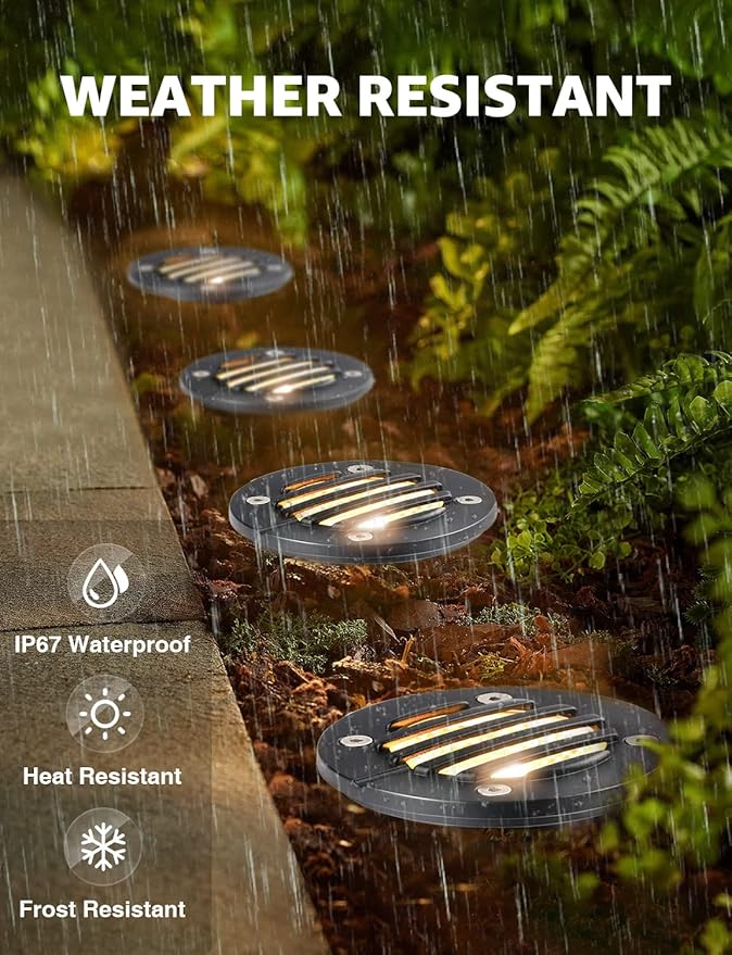SUNVIE 12W Low Voltage Landscape Lighting Anti-Glare LED Well Lights(Grated Top) 12V-24V Waterproof Outdoor In-Ground Lights 3000K Landscape Lighting for Garden Yard Pathway 6 Pack with Connectors SUNVIE