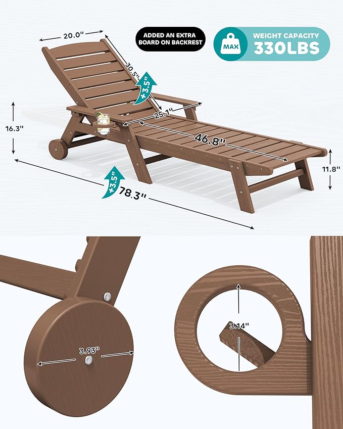 SERWALL Patio Chaise Lounge Chair, 78'' Long HDPE 5 Positions Adjustable Poly Lounge Chair with Rolling Wheels & Cup Holder for Pool, Brown SERWALL