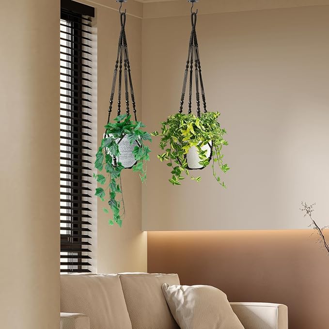 Macrame Plant Hanger Indoor Set of 4 with 8 Hooks, Indoor Outdoor Hanging Planter for Plants Holder with Decorative Wood Beads & No Tassels, Boho Home Decor, 35 Inch Black (Pots Not Included) Rootora