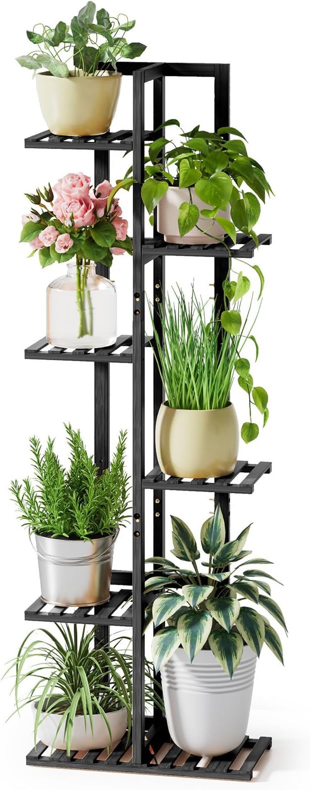 ROSSNY 48 Inch Tall Plant Stand Indoor, 6 Tier 7 Potted Bamboo Plant Stands for Indoor Plants, Corner Plant Stand, Tiered Plant Stands, Plant Shelf For Indoor, Planter Holder for Multiple Plants Indoor, Black ROSSNY