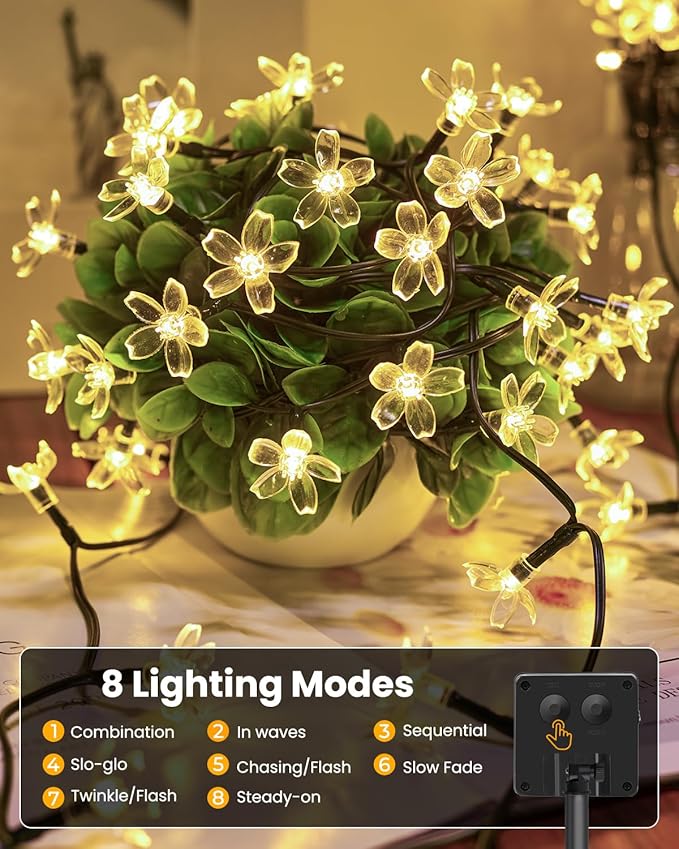 Brightown 60 LED Solar String Lights Flower Outdoor Waterproof Fairy Lights for Garden Yard Fence Patio Christmas Tree Wedding Party Decor, Warm White Brightown