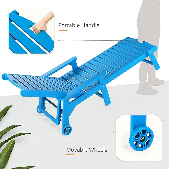 LUE BONA Outdoor Chaise Lounge Chairs Set of 2, 79'' Oversized HDPS Chaise Lounger, 5 Positions Adjustable Lounge Chairs, Pool Lounge Chair with Wheels for Poolside,3 Year Warranty, Blue LUEBONA