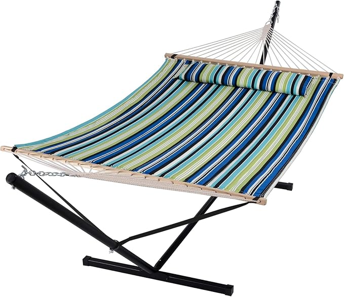 SUNCREAT Hammock with Stand 2 Person Heavy Duty, Freestanding Hammock with Spreader Bar, Soft Pillow, Green Stripes SUNCREAT