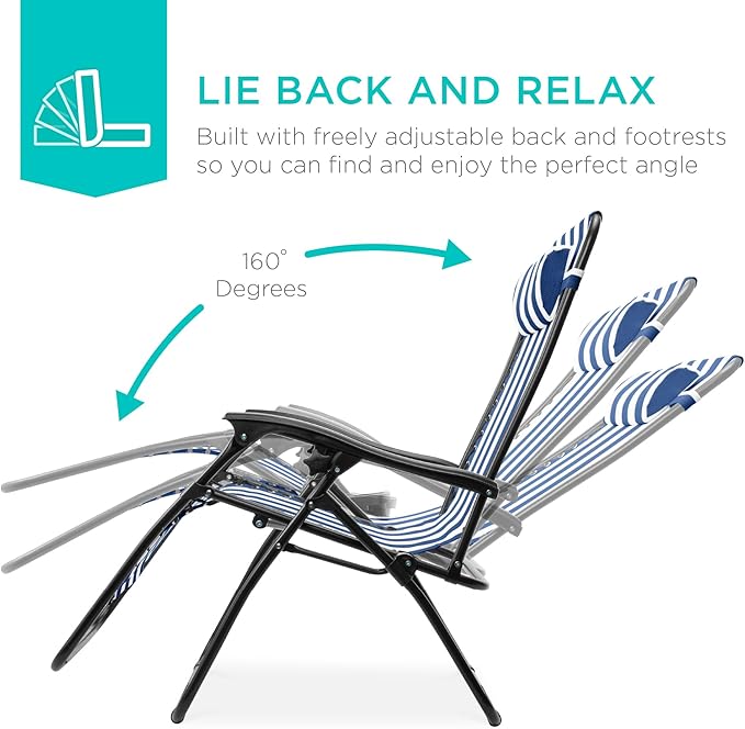 Best Choice Products Set of 2 Adjustable Steel Mesh Zero Gravity Lounge Chair Recliners w/Pillows and Cup Holder Trays - Mediterranean Blue Striped BestChoiceProducts