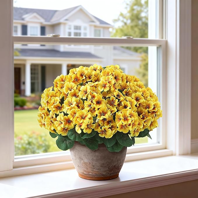 2 Pack Artificial Geranium Flowers Topitary Trees for Outdoors, UV Resistant Geraniums Potted Bushes Look Real Silk Faux Plants for Front Door Garden Porch Planter Farmhouse Home Decor (Yellow) GLIDLION