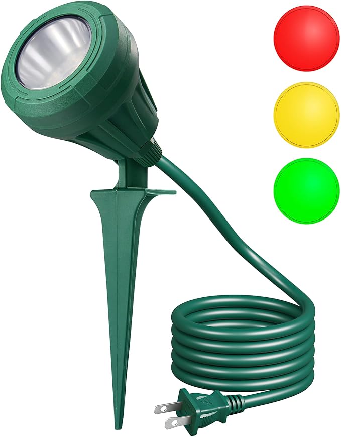 DEWENWILS 120V Spotlight Outdoor, 500LM Waterproof LED Spot Light with 3 Extra Lenses (Red Yellow Green), Landscape Lighting for Holiday, Trees, Flag, 5FT Extension Cord, UL Listed DEWENWILS