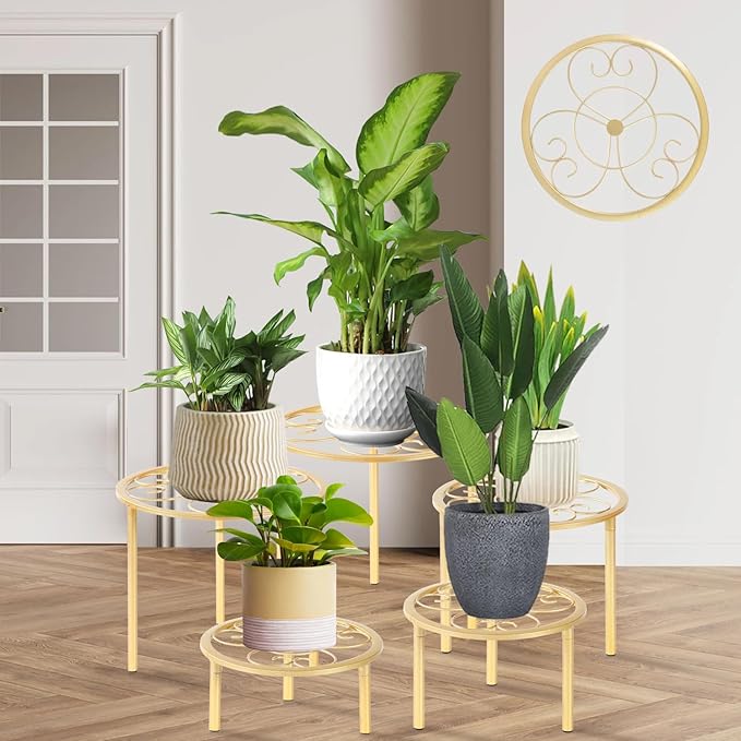 5-piece set of metal plant potted flower racks, heavy-duty flower pot plant racks of different sizes, iron flower racks, suitable for indoor and outdoor home decoration (Black) (5, White) mekpiwu